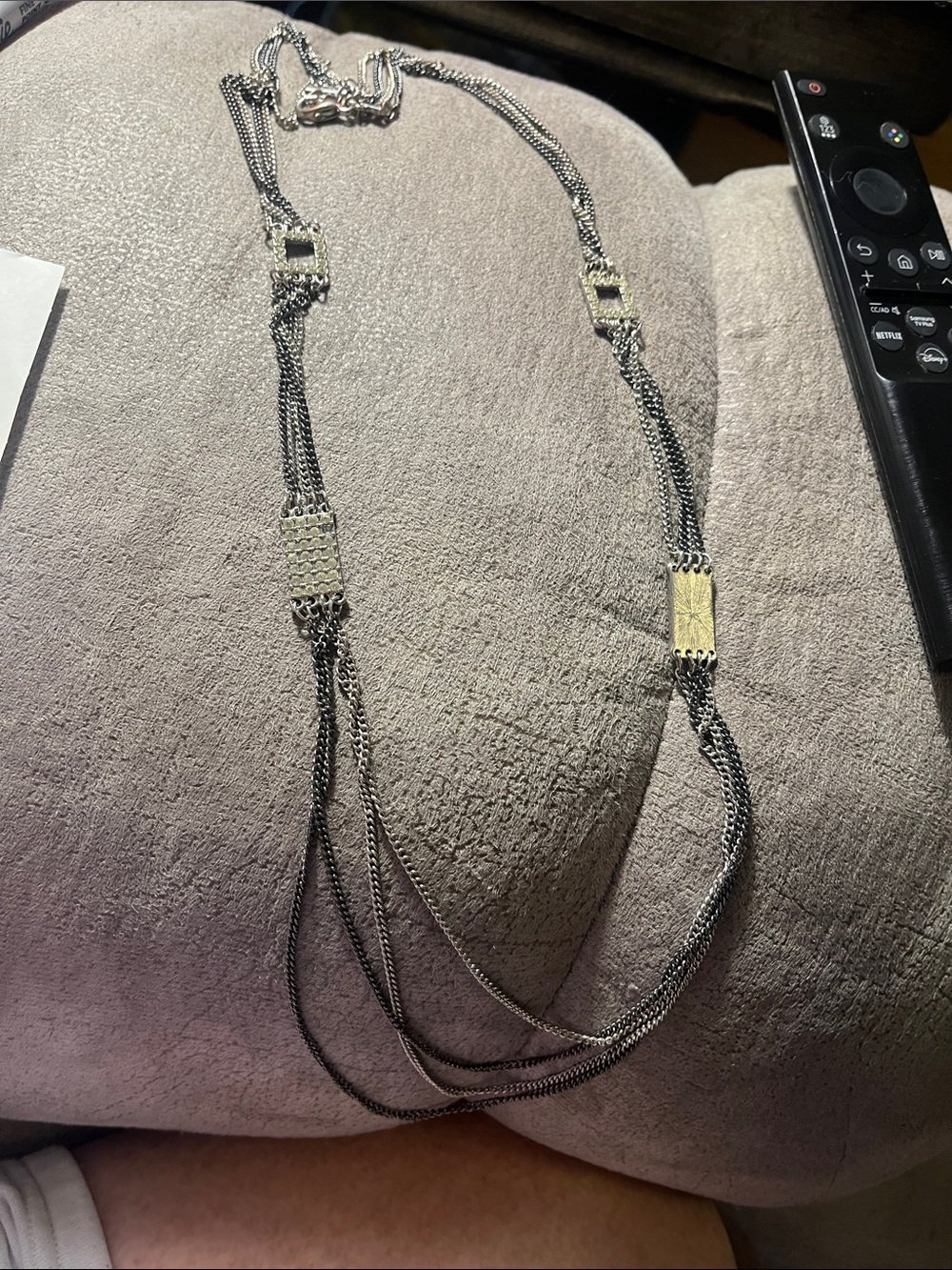 Silver tone multi layer necklace with rhinestone. 1 stone missing. 1913